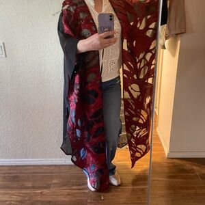 Red and Black Sheer Floral Kimono Wrap